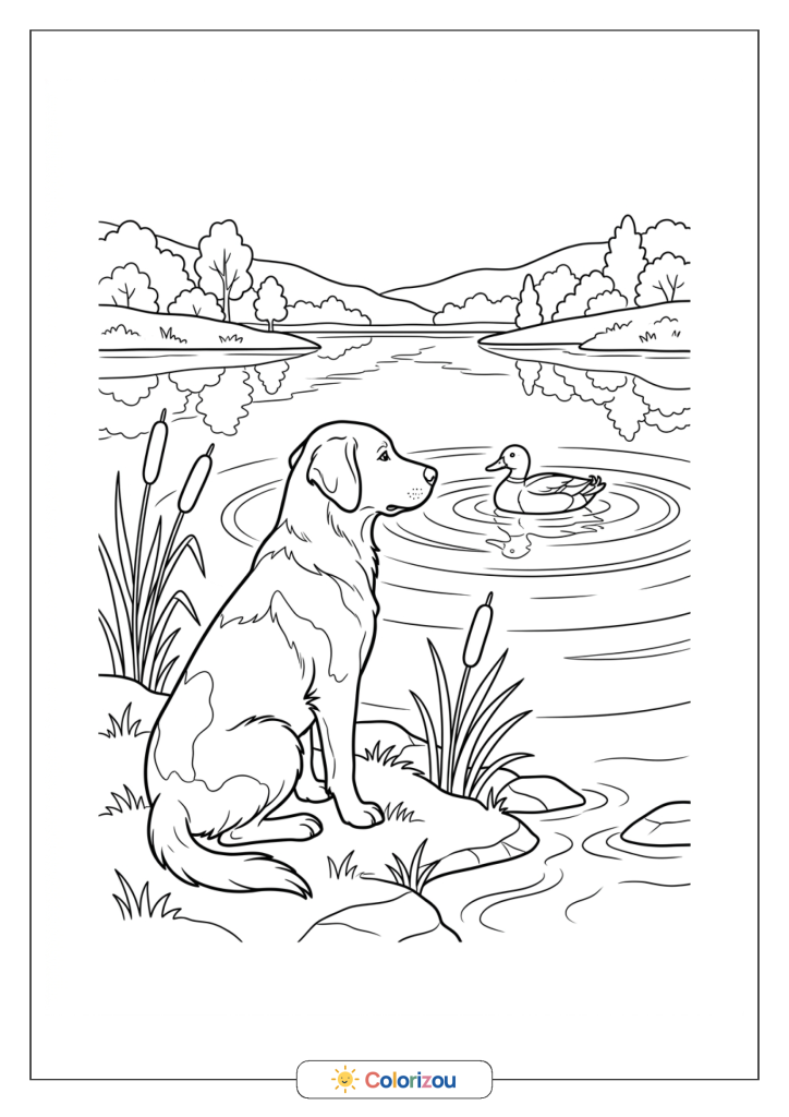 Chien assis au bord d’un lac, regardant un canard sur l’eau près des roseaux.