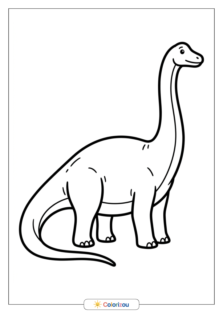 Diplodocus souriant de profil, au long cou dressé, avec quatre pattes et une longue queue recourbée.