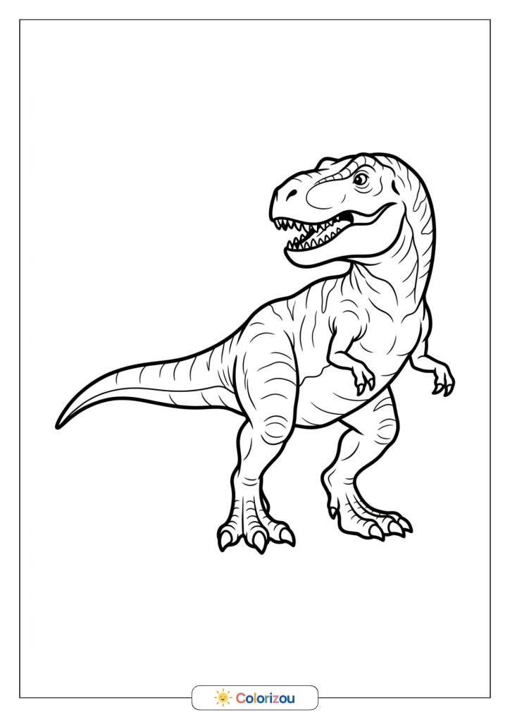 T-Rex debout de trois quarts, avec de petits bras, une longue queue et des dents visibles.