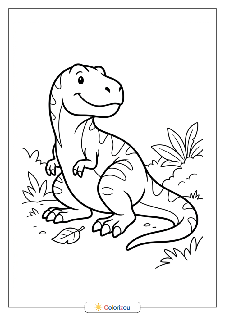 T-Rex souriant assis au sol, les pattes arrière repliées, près de petites plantes et de pierres.