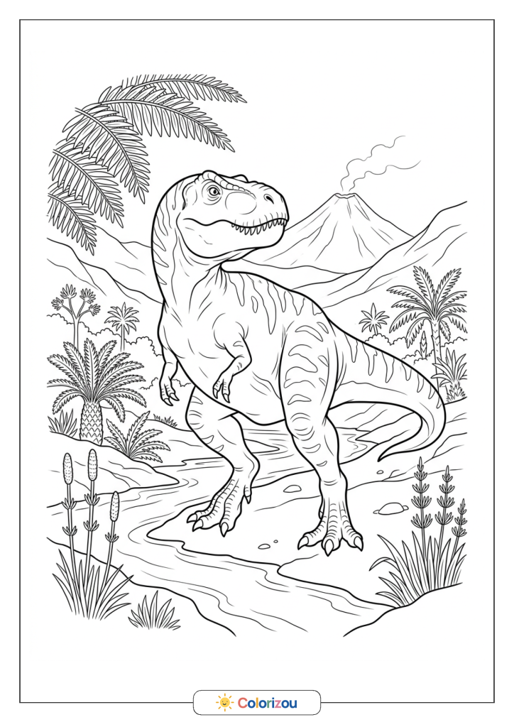 T-Rex dans une vallée parcourue par un ruisseau, avec de grandes frondes et un volcan à l’horizon.