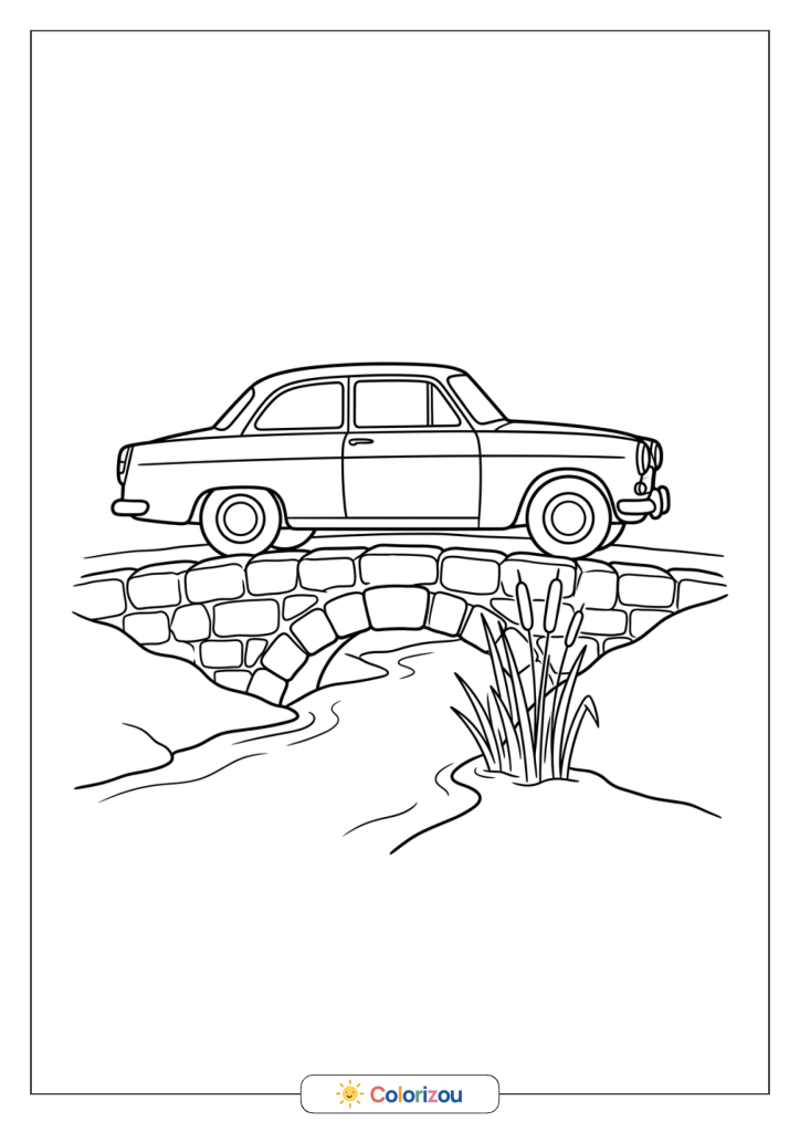 Voiture de profil sur un pont de pierre, au-dessus d’un ruisseau bordé de roseaux.