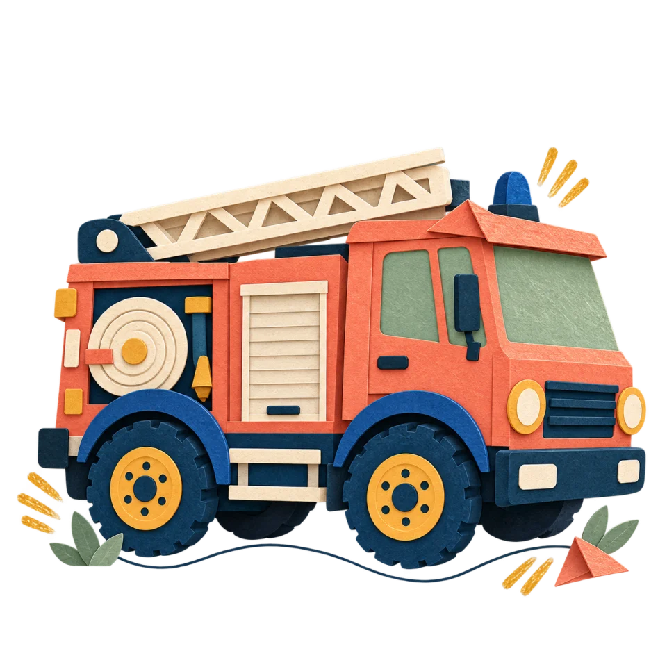 Un camion de pompiers corail en papier découpé, avec une échelle crème et un gyrophare bleu.