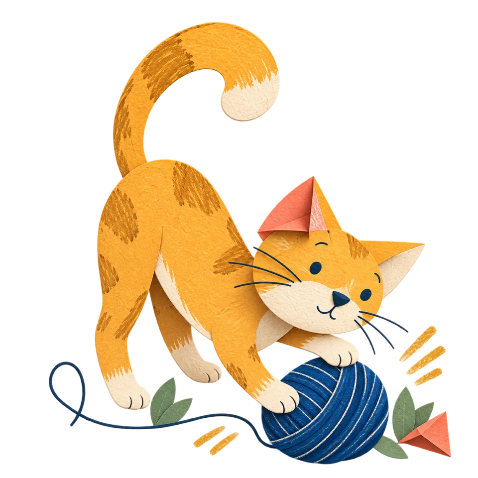 Un chat ocre en papier découpé joue avec une pelote bleue, avec une oreille pliée corail.