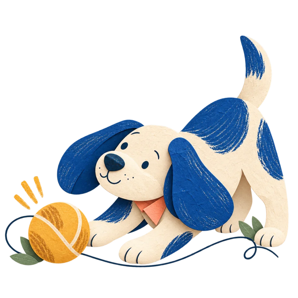 Un chien crème aux oreilles bleues en papier découpé joue près d’une petite balle ocre.