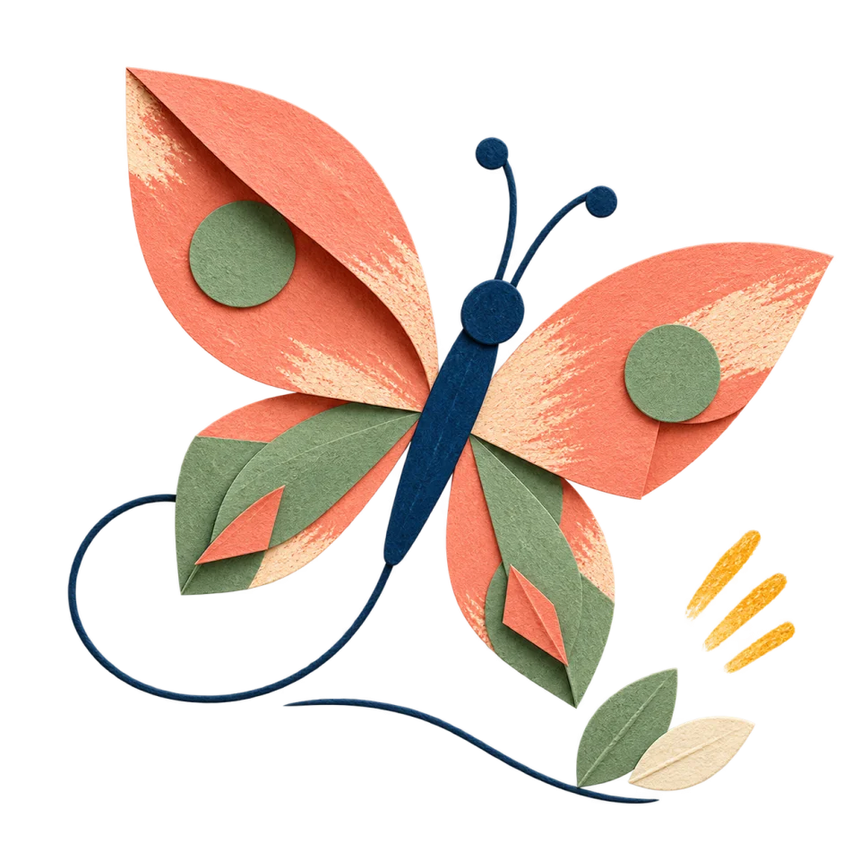 Un papillon en papier plié, aux ailes corail et sauge, au-dessus de deux petites feuilles.