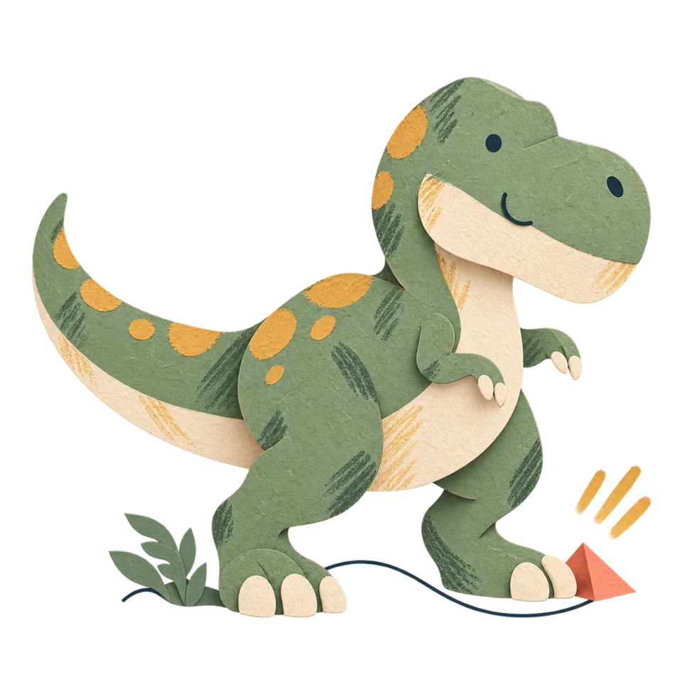 Un T-Rex vert sauge en papier découpé, au ventre crème, près d’une petite fougère.