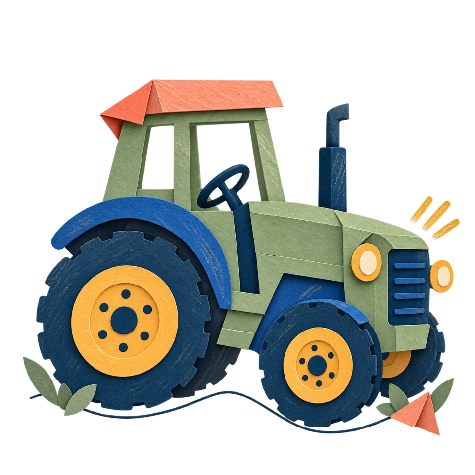 Un tracteur en papier découpé, vert sauge et bleu, avec des roues ocre et un toit corail.