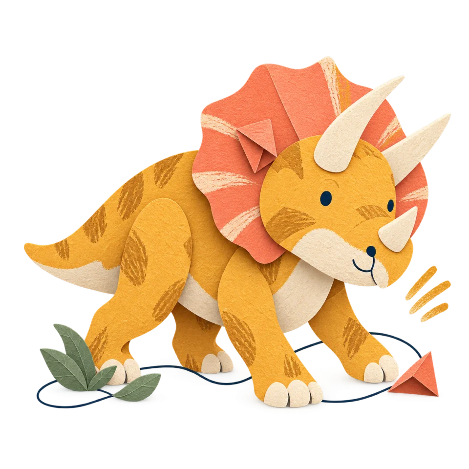 Un tricératops ocre en papier découpé, avec trois cornes crème et une collerette corail.