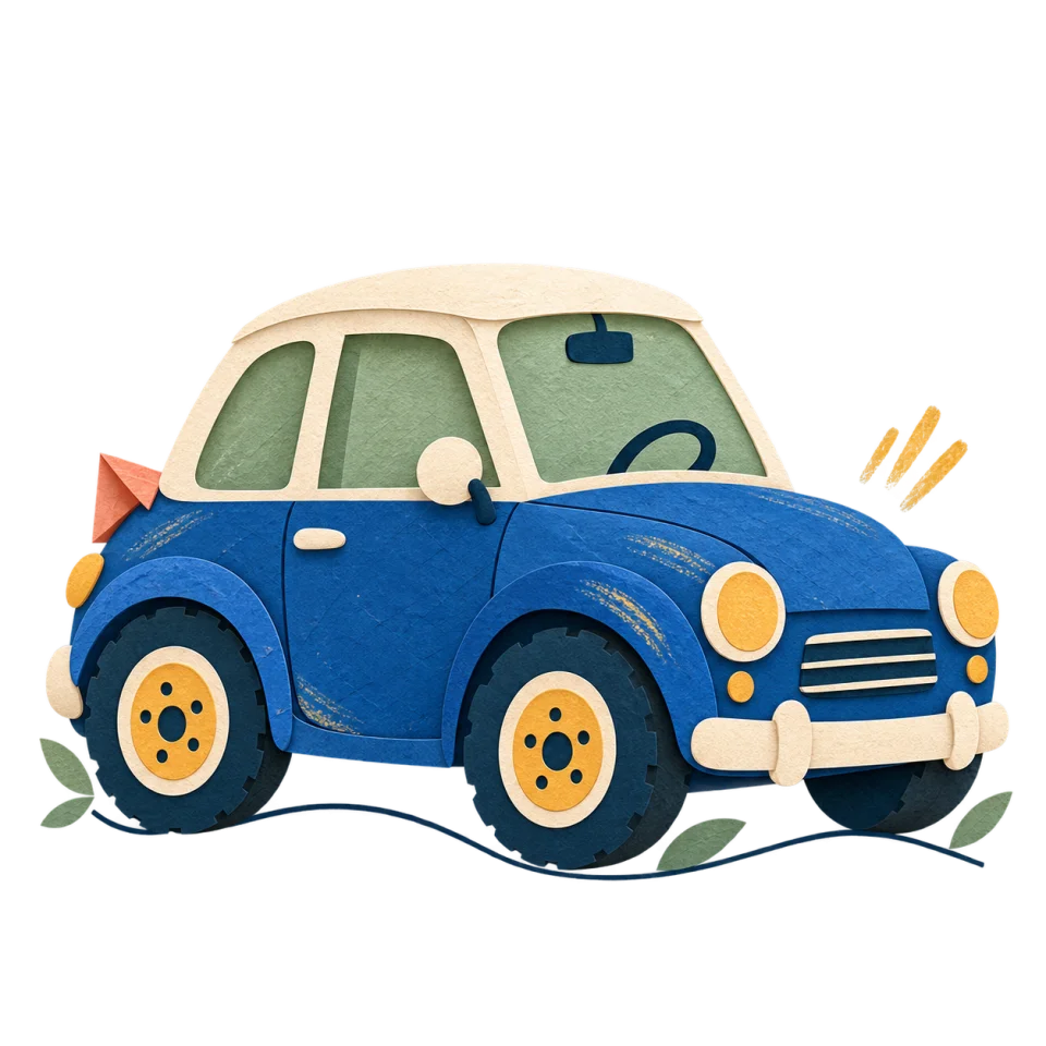 Une petite voiture bleue en papier découpé, avec un toit crème et des roues aux centres ocre.