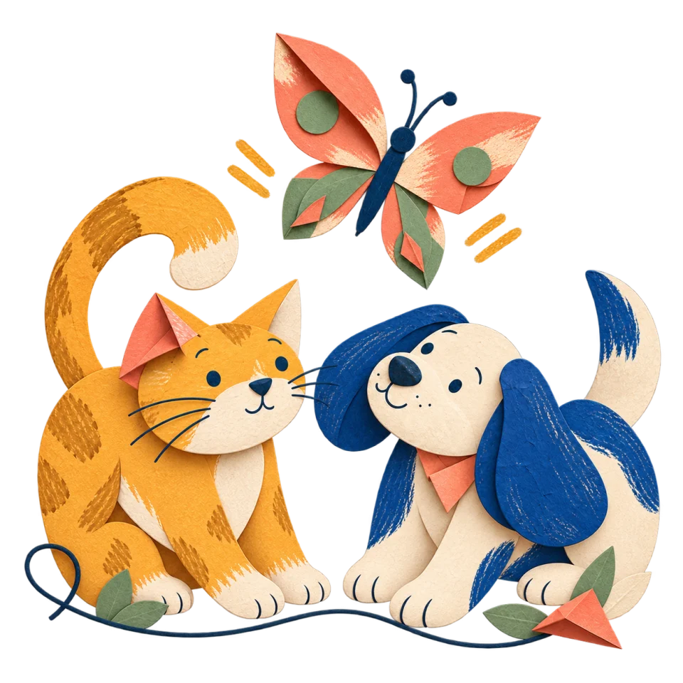 Un chat ocre, un chien crème et bleu et un papillon corail réunis en papier découpé.