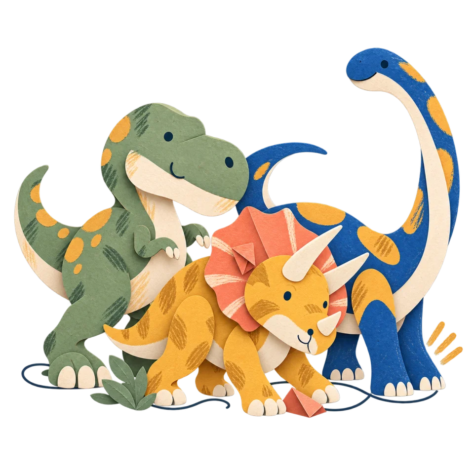 Un T-Rex sauge, un tricératops ocre et un diplodocus bleu réunis en papier découpé.